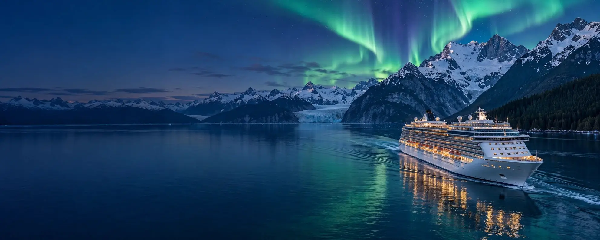 A cruise ship in an Alaskan fjord below snow-covered mountains and a glacier, with the northern lights overhead